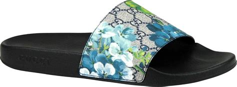 gucci slides floral blue|Gucci slides with blue flowers.